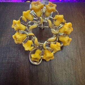 Vintage Yellow Flower Wreath Brooch with Gold Tone Accents